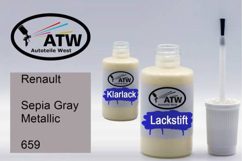 Renault, Sepia Gray Metallic, 659: 20ml Lackstift + 20ml Klarlack - Set, von ATW Autoteile West.